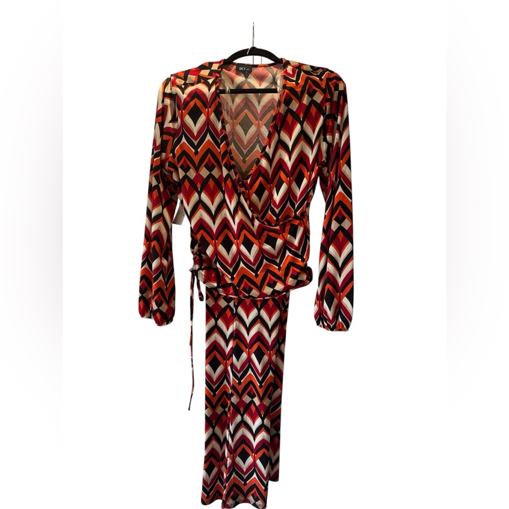 Geometric Patterned Wrap Top and Pants Set